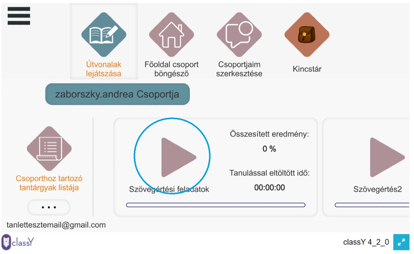 Tanulás, indítás, csoporthoz tartozó tananyagok közötti váltás