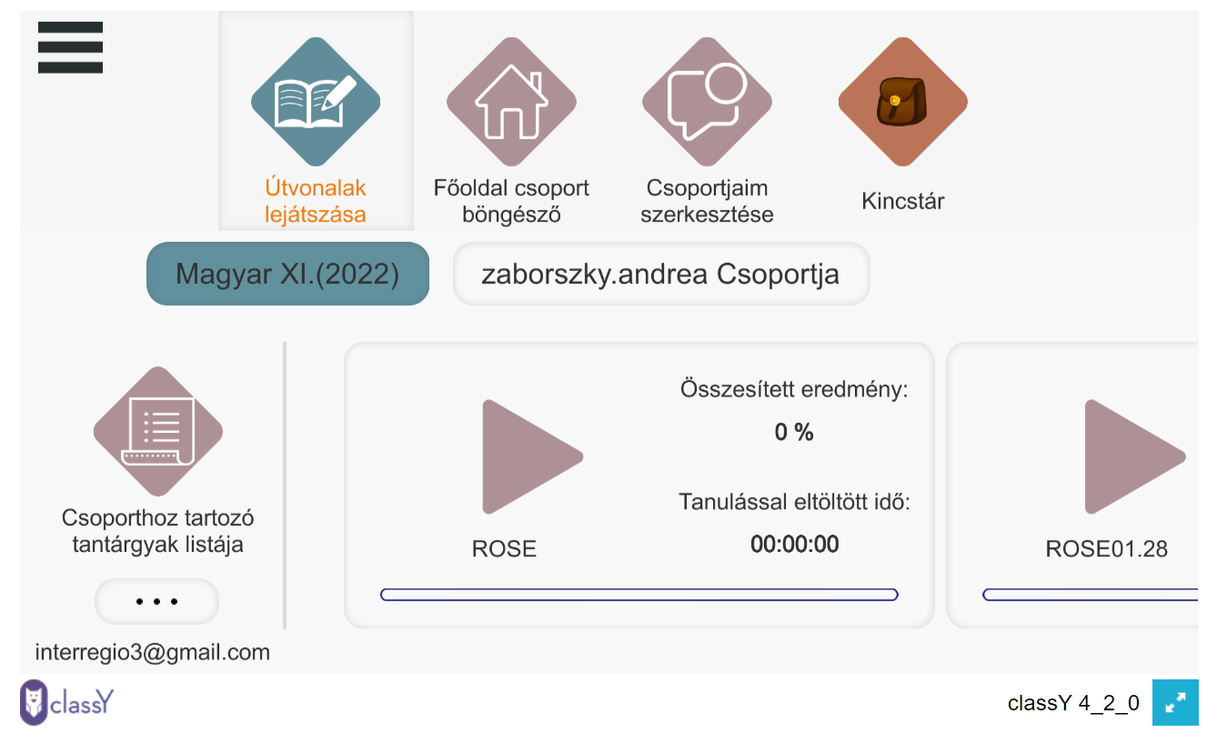 Tanulás, indítás, csoporthoz tartozó tananyagok közötti váltás